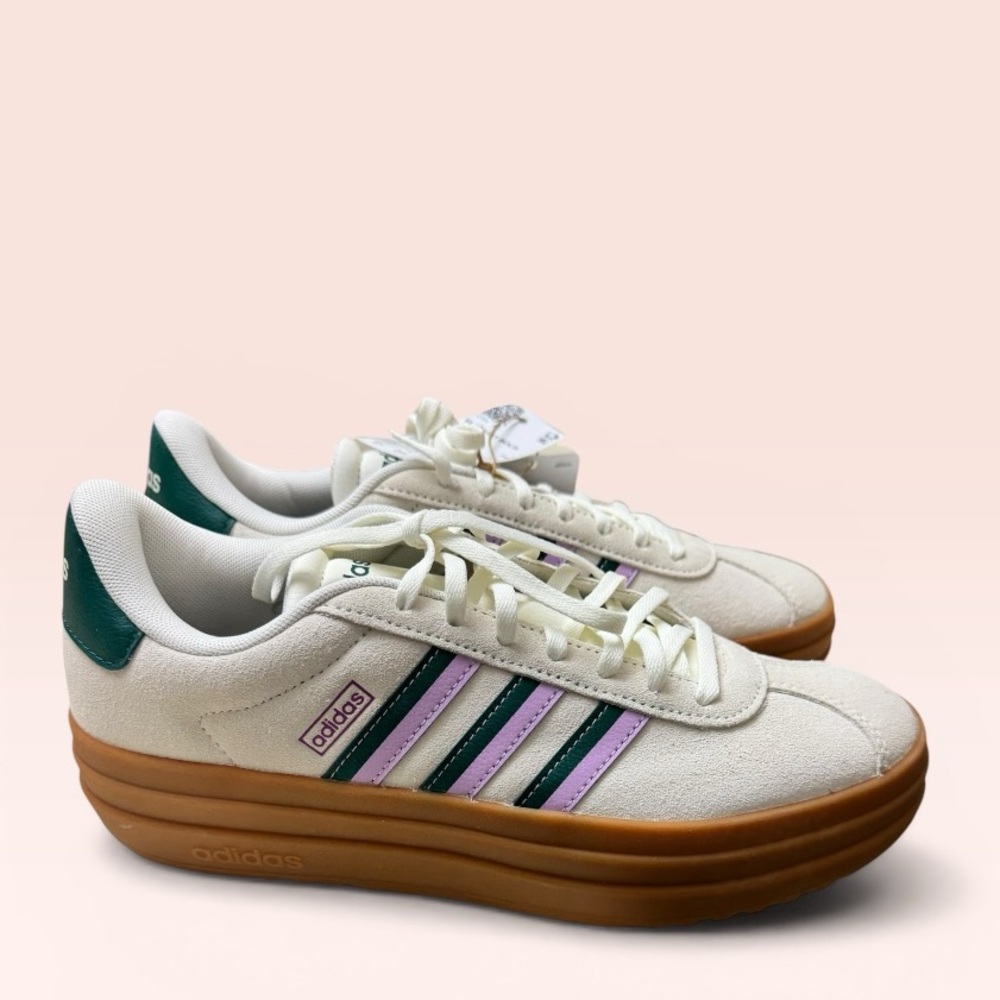 Adidas VL COURT BOLD SHOES Cream Platform with Green & Purple Stripes 8.5